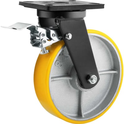 Rodízio giratório industrial 8", de poliuretano e ferro fundido, com freio