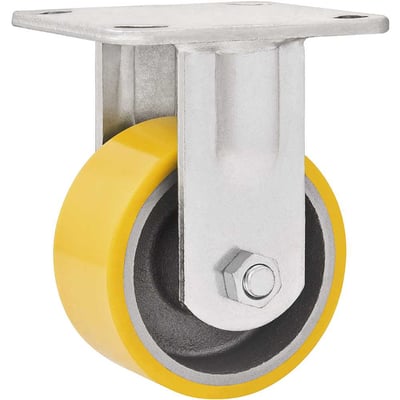 Rodízio fixo industrial leve 4", de poliuretano e ferro fundido, amarelo