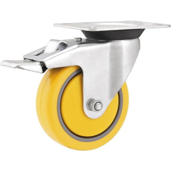 Rodízio giratório 3", de poliuretano e PVC, amarelo, com freio