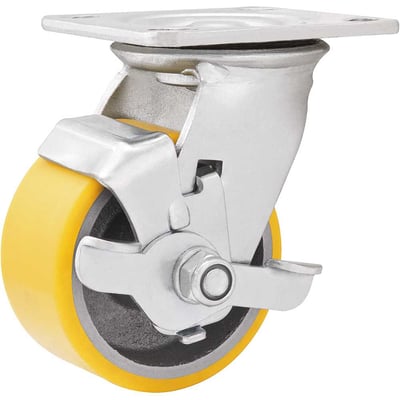 Rodízio giratório 4", de poliuretano e ferro fundido, amarelo, com freio