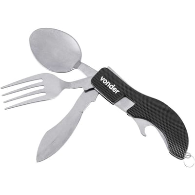 Canivete multiuso, em aço inox, com talheres