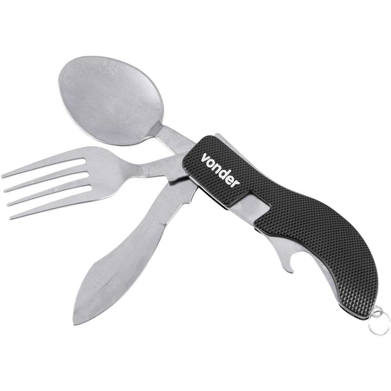 Canivete multiuso, em aço inox, com talheres