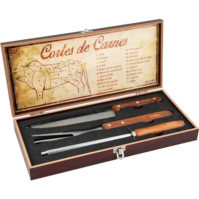 Jogo de utensílios para churrasco, em aço inox, com 4 peças
