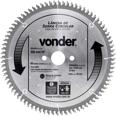 Lâmina de serra circular com dentes de metal duro, 250 mm x 30 mm, com 80 dentes, para MDF