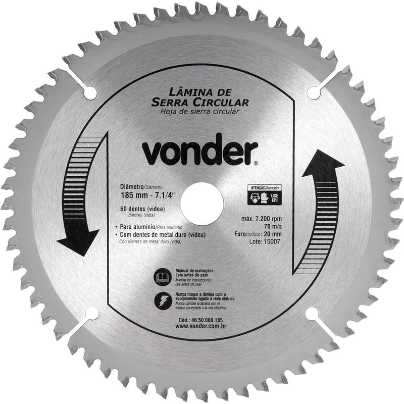 Lâmina de serra circular com vídea, para alumínio, 185 mm x 20 mm x 60 dentes