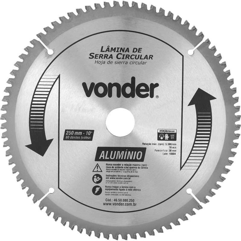 Lâmina de serra circular com vídea, para alumínio, 250 mm x 30 mm x 80 dentes