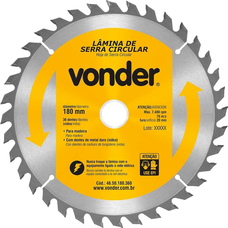 Lâmina de serra circular com dentes de metal duro/vídea, 180 mm x 20 mm, 36 dentes