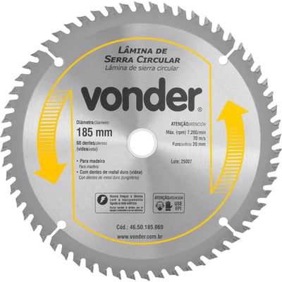 Lâmina de serra circular com dentes de metal duro/vídea, 185 mm x 20 mm, 60 dentes
