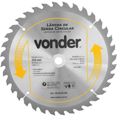 Lâmina de serra circular com dentes de metal duro/vídea, 250 mm x 30 mm, 36 dentes