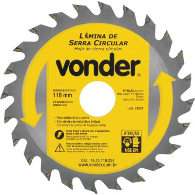 Lâmina de serra circular com dentes de metal duro/vídea, 110 mm x 20 mm, 24 dentes