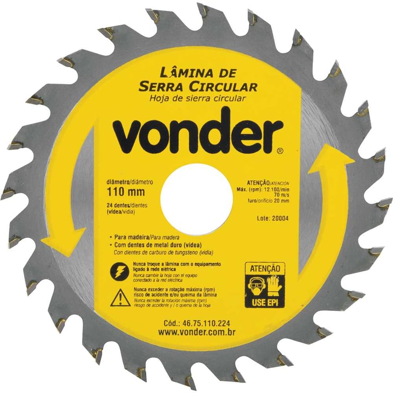 Lâmina de serra circular com dentes de metal duro/vídea, 110 mm x 20 mm, 24 dentes