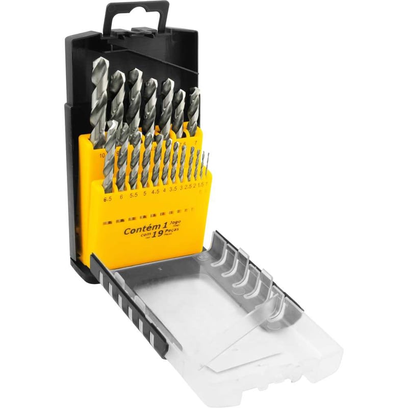 Jogo de brocas de aço rápido DIN 338, 1 mm a 10 mm, com 19 peças
