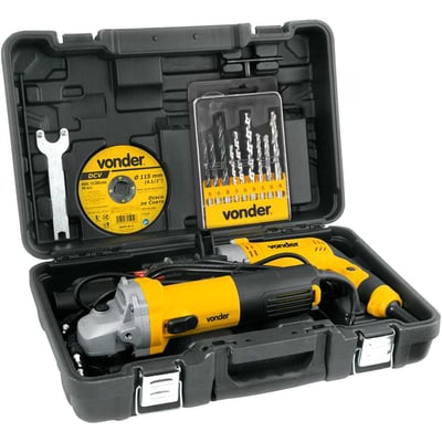 Conjunto esmerilhadeira de 4.1/2", 750 W e furadeira de 1/2", 710 W, com jogo de brocas e disco