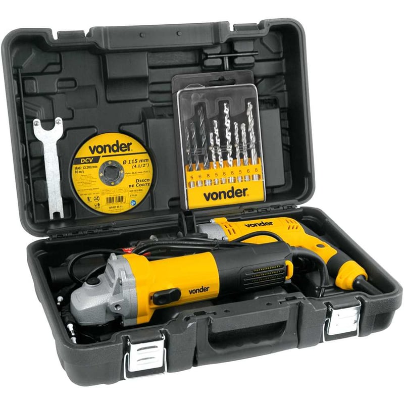 Conjunto esmerilhadeira de 4.1/2", 750 W e furadeira de 1/2", 710 W, 127 V~, com jogo de brocas e disco