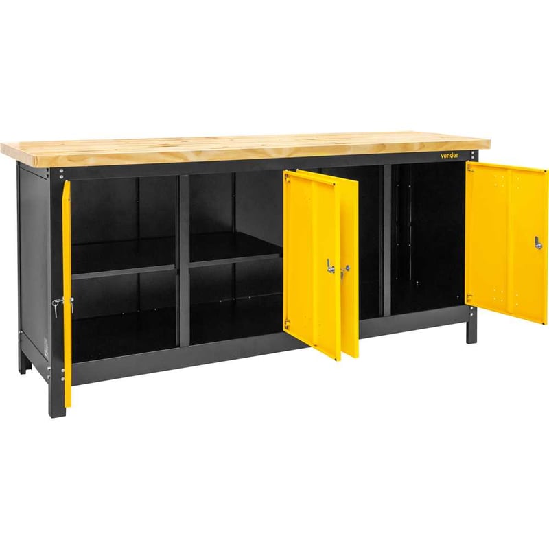 Bancada fechada com tampo de madeira e 4 portas, 2.000 mm x 920 mm x 600 mm