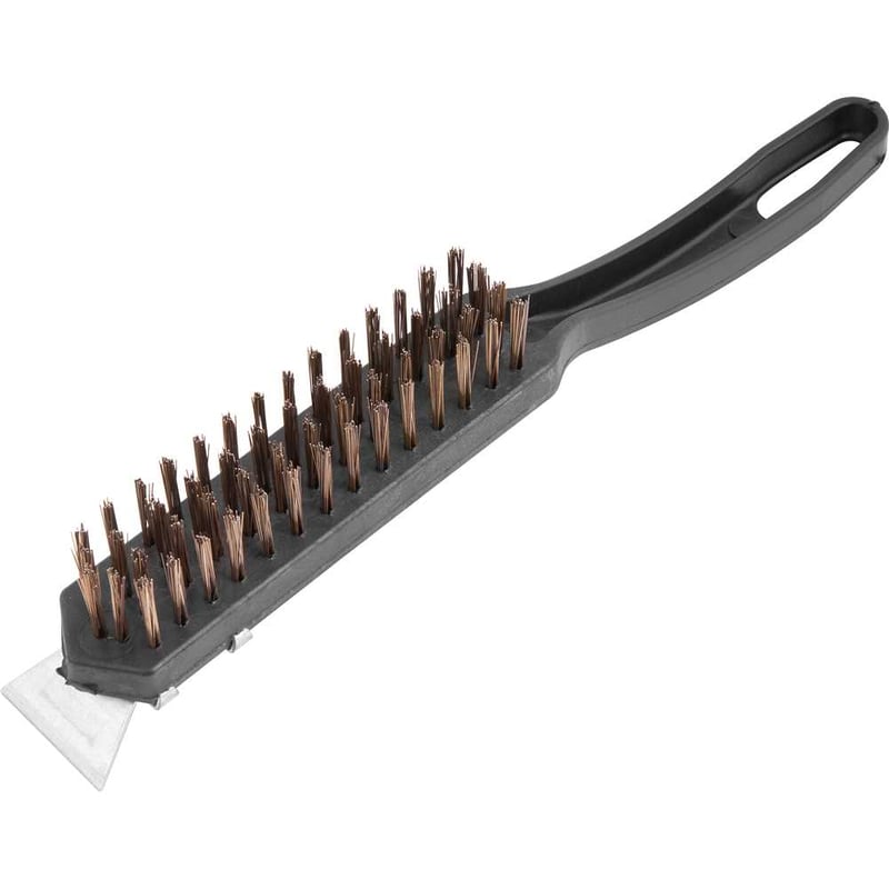 Escova manual com cerdas de aço, 4 fileiras, com cabo de plástico com raspador