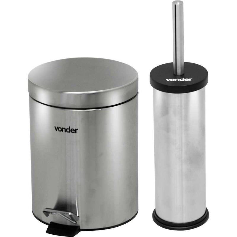 Lixeira redonda, 5 litros, inox, cinza, com escova sanitária