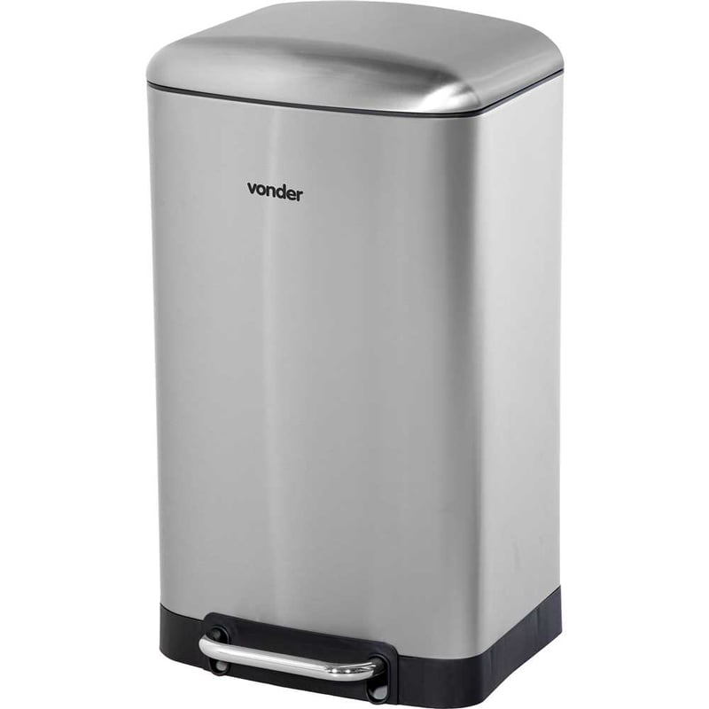 Lixeira retangular, 30 litros, inox, cinza