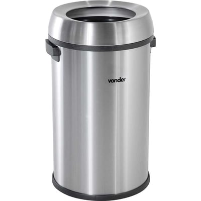 Lixeira redonda, sem tampa, 65 litros, inox, cinza