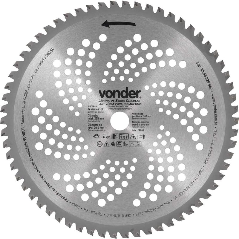 Lâmina circular com vídea, para roçadeiras, 255 mm x 20 mm, 62 dentes