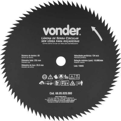 Lâmina circular sem vídea, para roçadeiras, 255 mm x 20 mm, 80 dentes