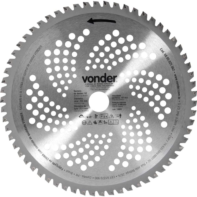 Lâmina circular com vídea, para roçadeiras, 255 mm x 25,4 mm, 62 dentes