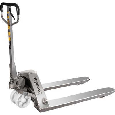 Paleteira hidráulica, 2,5 toneladas (2,5 tf), 1.150 mm x 685 mm, em aço inox total, roda dupla de nylon