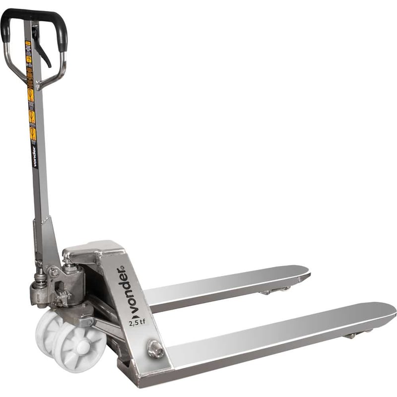 Paleteira hidráulica, 2,5 toneladas (2,5 tf), 1.150 mm x 685 mm, em aço inox total, roda dupla de nylon