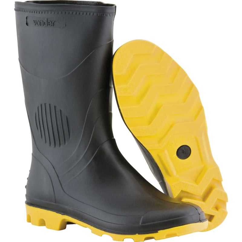 Bota de PVC preta e amarela, cano médio, sem forro, 37/38