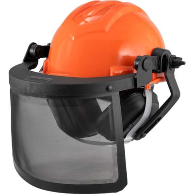 Capacete motosserrista, laranja, com protetor facial telado e abafador de ruído VONDER PLUS