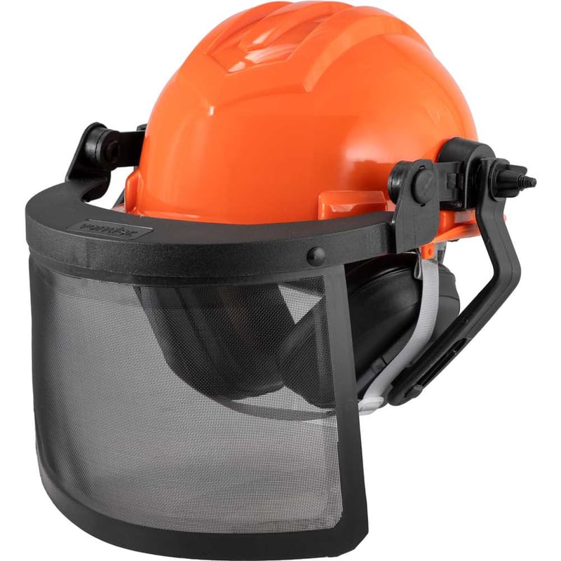 Capacete motosserrista, laranja, com protetor facial telado e abafador de ruído VONDER PLUS