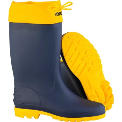 Bota de PVC azul com polaina amarela, 43/44, cano médio, sem forro