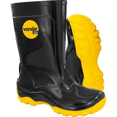 Bota infantil de PVC, preta e amarela, com forro, 20/21