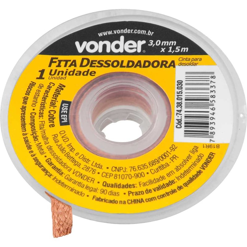 Fita malha dessoldadora 3,0 mm x 1,5 m