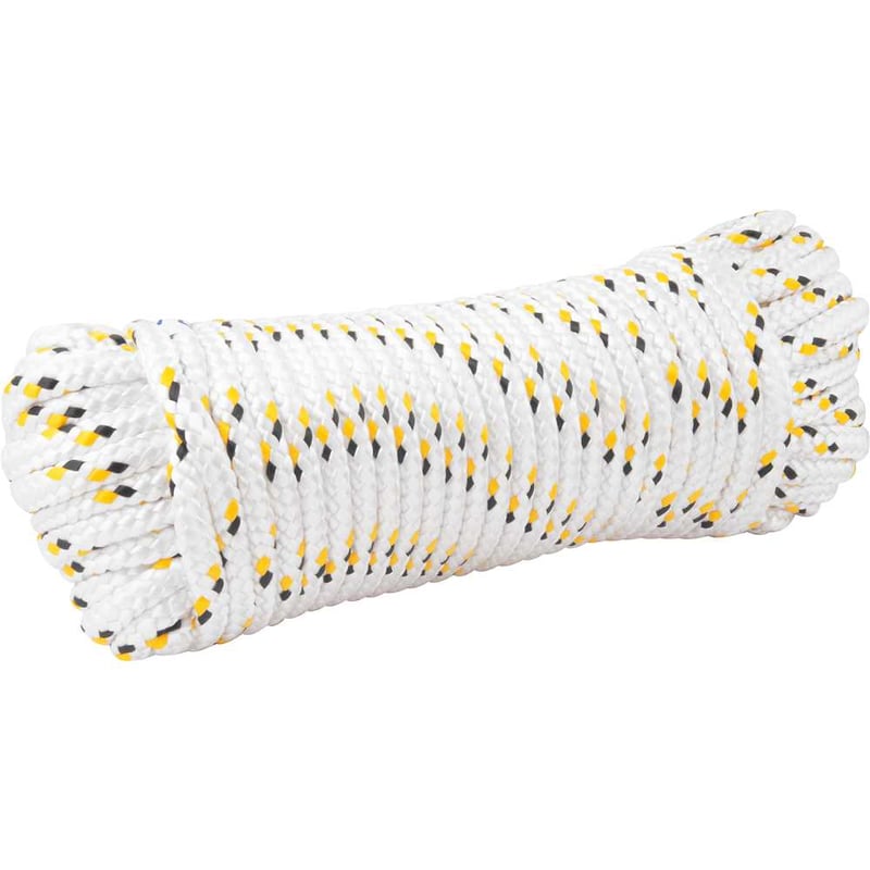 Corda multifilamento trançada 12,0 mm x 30 m, branca com detalhes em preto e amarelo, cartela