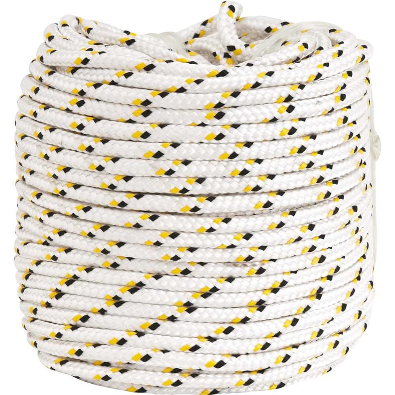 Corda multifilamento trançada 8,0 mm x 50 m, branca com detalhes em preto e amarelo