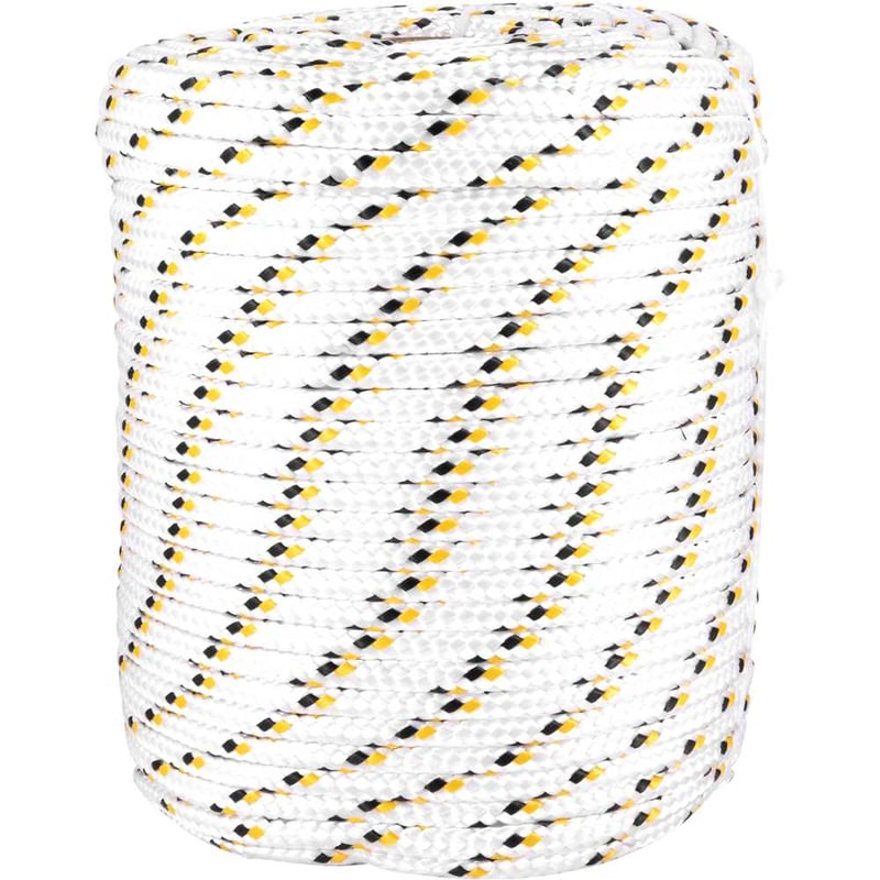 Corda multifilamento trançada 8,0 mm x 110 m,branca com detalhes em preto e amarelo