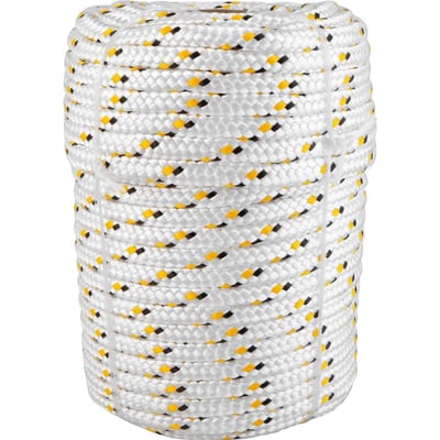 Corda multifilamento trançada 10,0 mm x 50 m, branca com detalhes em preto e amarelo