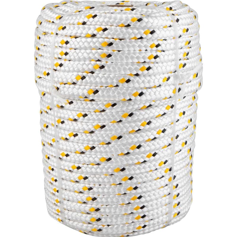 Corda multifilamento trançada 10,0 mm x 50 m, branca com detalhes em preto e amarelo