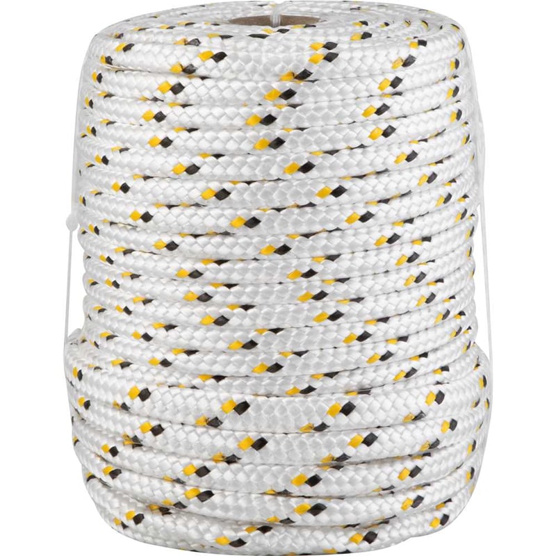 Corda multifilamento trançada 12,0 mm x 50 m, branca com detalhes em preto e amarelo